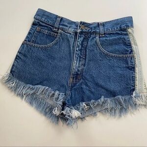 Vintage 90’s Fringe Cut Off Floral Dark Wash High Rise Shorts 7/8 Western